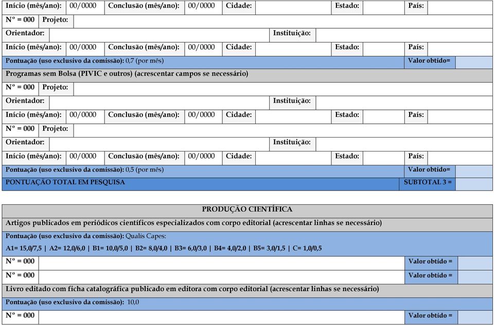 exclusivo da comissão): 0,5 (por mês) Valor obtido= PONTUAÇÃO TOTAL EM PESQUISA SUBTOTAL 3 = PRODUÇÃO CIENTÍFICA Artigos publicados em periódicos científicos especializados com corpo editorial