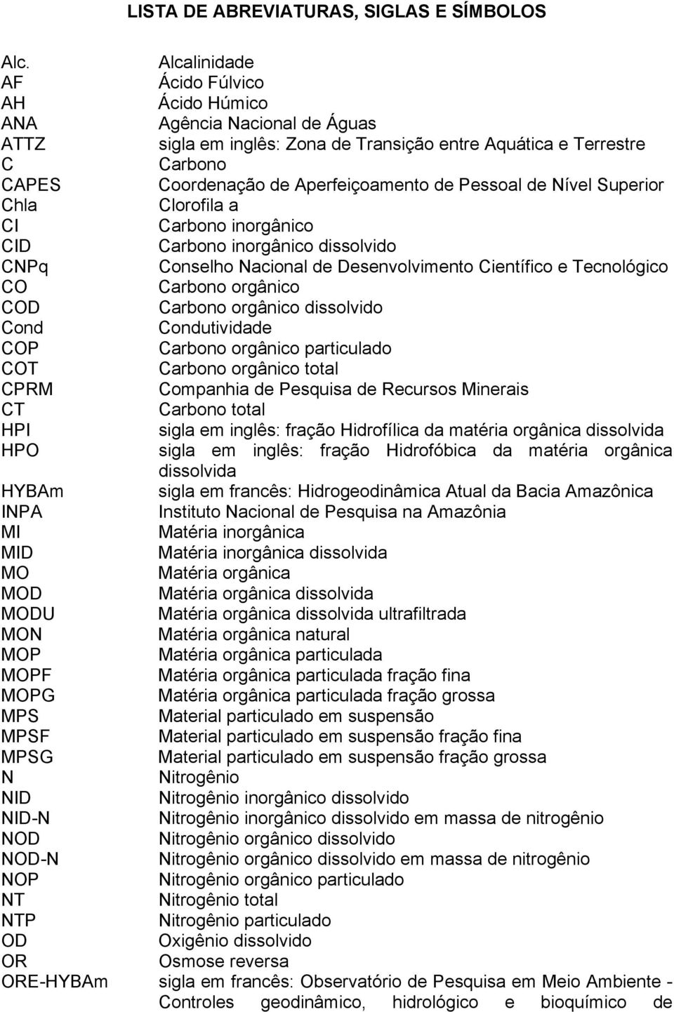 Pessoal de Nível Superior Chla Clorofila a CI Carbono inorgânico CID Carbono inorgânico dissolvido CNPq Conselho Nacional de Desenvolvimento Científico e Tecnológico CO Carbono orgânico COD Carbono