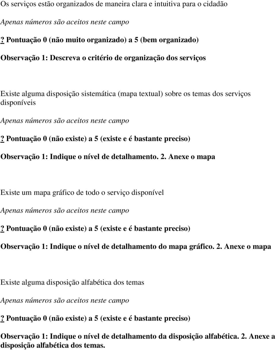 disponíveis? Pontuação 0 (não existe) a 5 (existe e é bastante preciso) Observação 1: Indique o nível de detalhamento. 2. Anexe o mapa Existe um mapa gráfico de todo o serviço disponível?