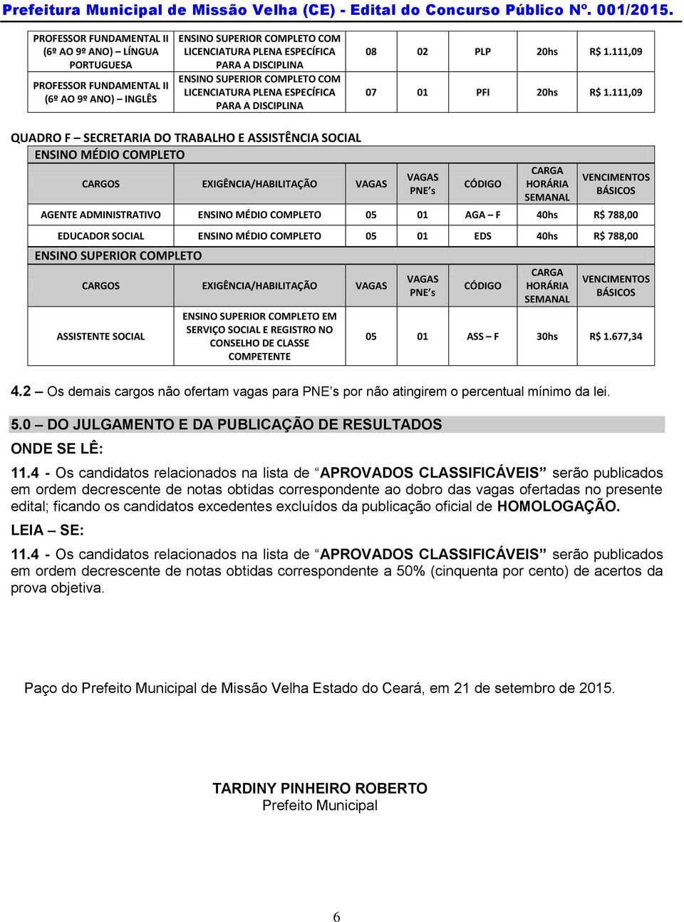 EDS 40hs R$ 788,00 ASSISTENTE SOCIAL EM SERVIÇO SOCIAL E REGISTRO NO CONSELHO DE CLASSE COMPETENTE 05 01 ASS F 30hs R$ 1.677,34 4.
