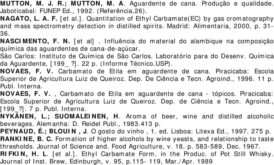 Influência do material do alambique na composição química das aguardentes de cana-de-açúcar. São Carlos: Instituto de Química de São Carlos. Laboratório para do Desenv. Química da Aguardente, [199_?].