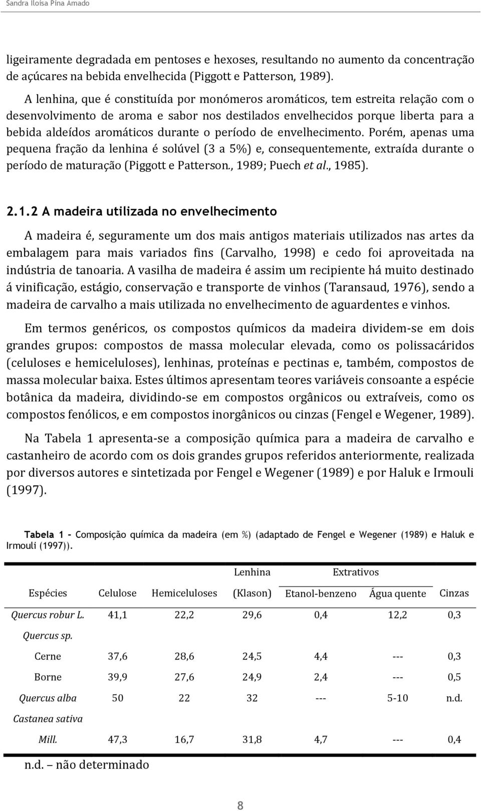 o período de envelhecimento. Porém, apenas uma pequena fração da lenhina é solúvel (3 a 5%) e, consequentemente, extraída durante o período de maturação (Piggott e Patterson., 1989; Puech et al.