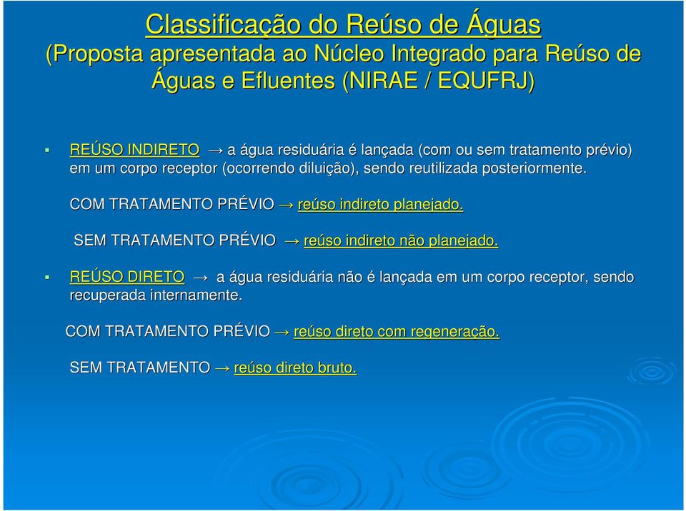 COM TRATAMENTO PRÉVIO VIO reúso indireto planejado. SEM TRATAMENTO PRÉVIO reúso indireto não planejado.