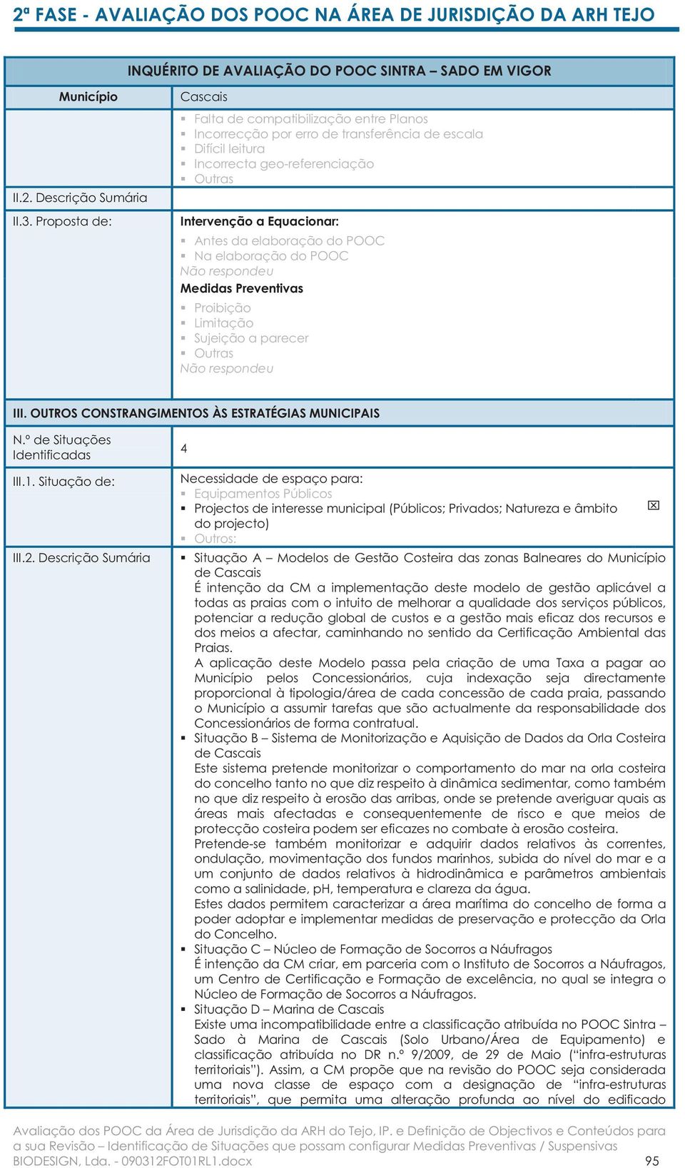 elaboração do POOC Proibição Limitação Sujeição a parecer Outras III. OUTROS CONSTRANGIMENTOS ÀS ESTRATÉGIAS MUNICIPAIS III.1. Situação de: III.2.