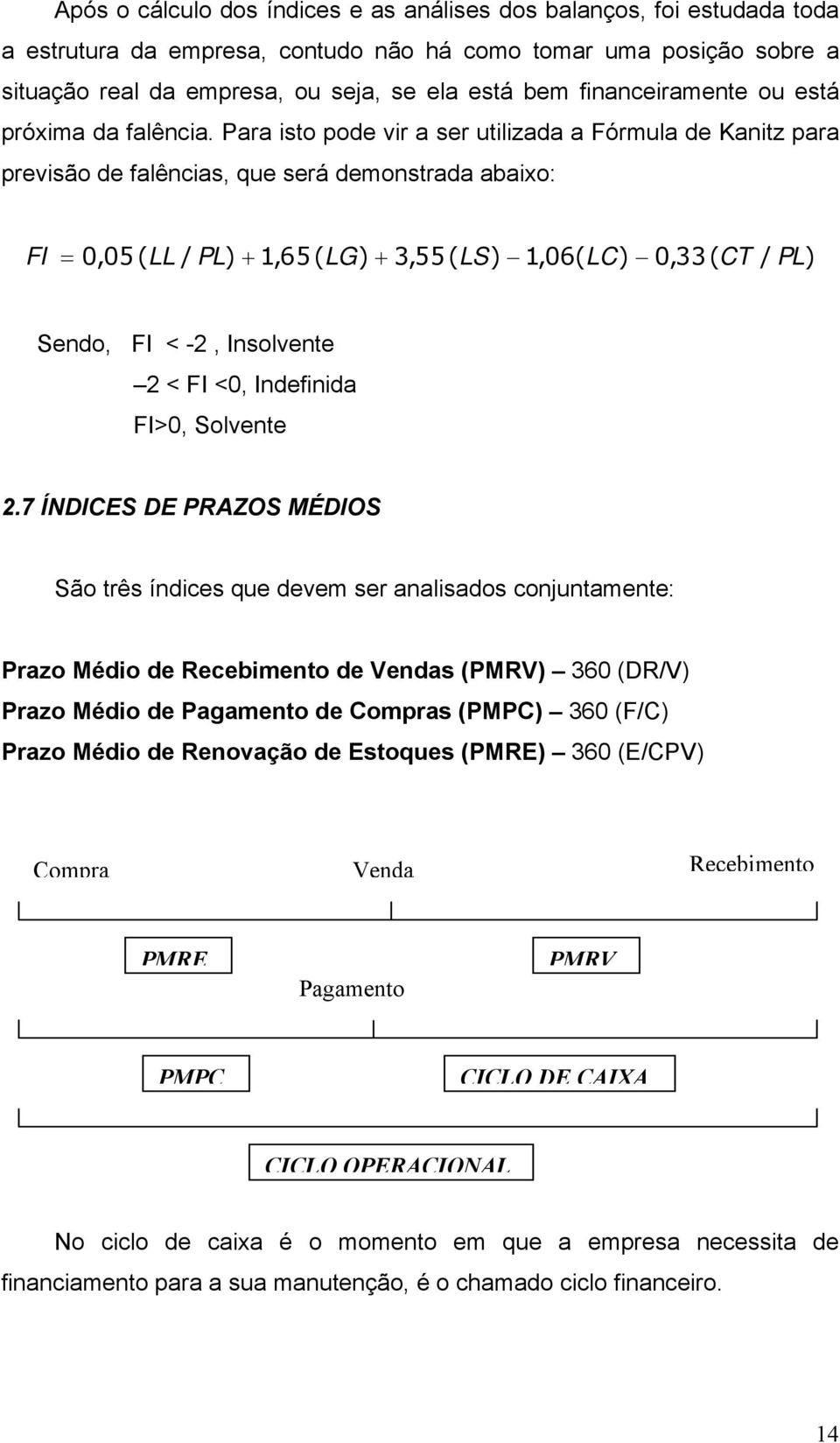 Para isto pode vir a ser utilizada a Fórmula de Kanitz para previsão de falências, que será demonstrada abaixo: FI = 0,05( LL / PL) + 1,65( LG) + 3,55( LS) 1,06( LC) 0,33( CT / PL) Sendo, FI < -2,