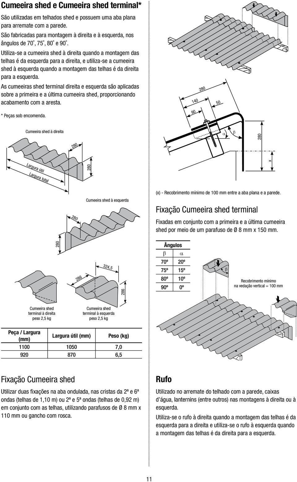 Utiliza-se a cumeeira shed à direita quando a montagem das telhas é da esquerda para a direita, e utiliza-se a cumeeira shed à esquerda quando a montagem das telhas é da direita para a esquerda.