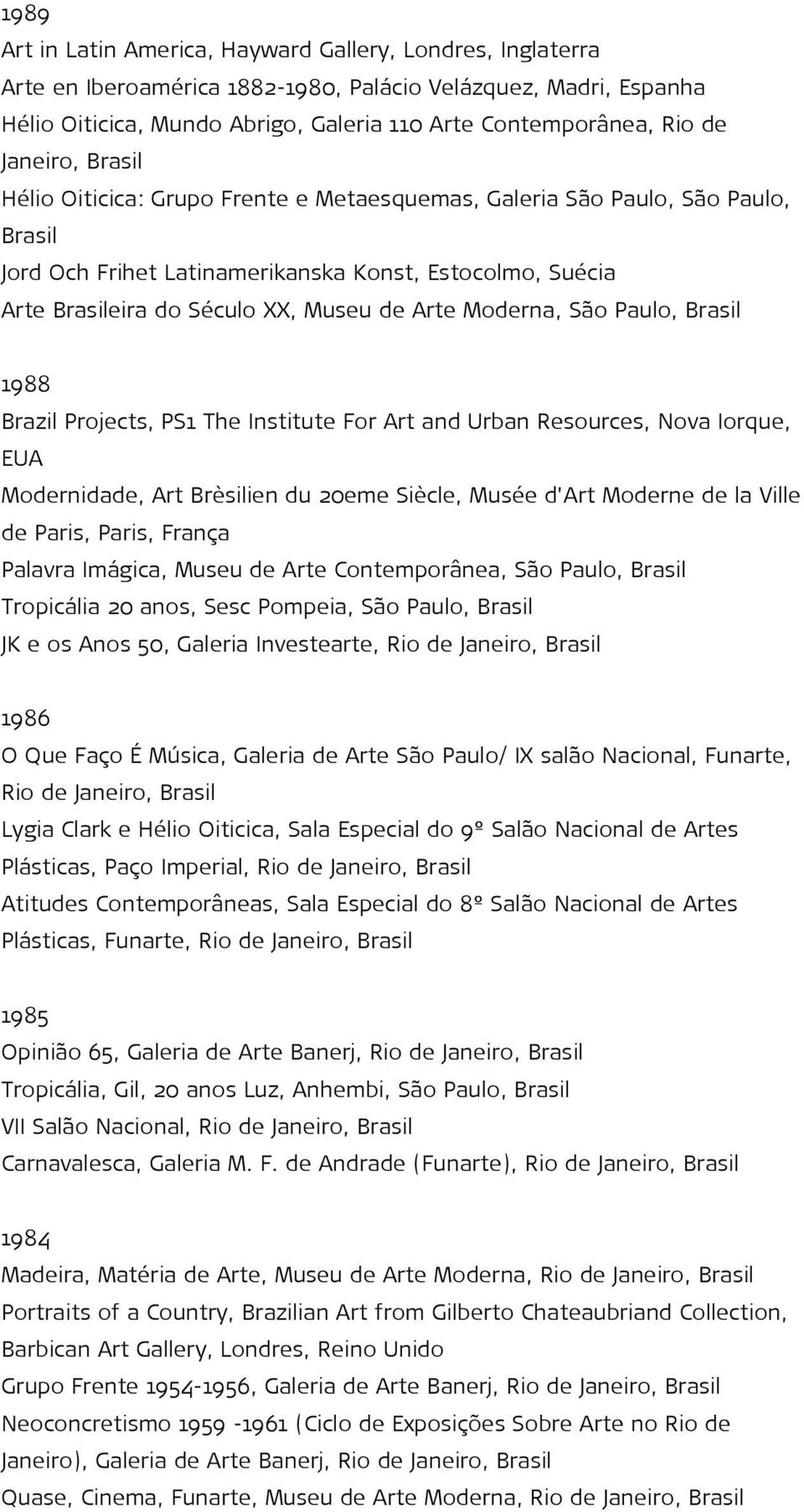 Brazil Projects, PS1 The Institute For Art and Urban Resources, Nova Iorque, EUA Modernidade, Art Brèsilien du 20eme Siècle, Musée d'art Moderne de la Ville de Paris, Paris, França Palavra Imágica,