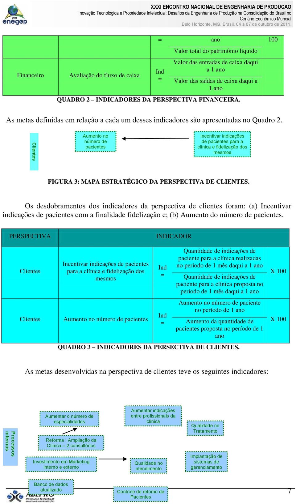 Aumento no número de pacientes Incentivar indicações de pacientes para a clínica e fidelização dos mesmos FIGURA 3: MAPA ESTRATÉGICO DA PERSPECTIVA DE CLIENTES.