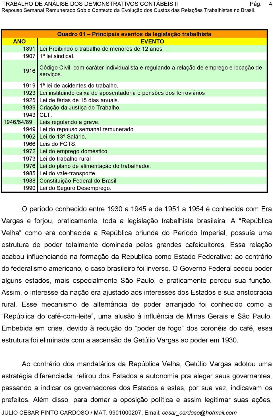 1923 Lei instituindo caixa de aposentadoria e pensões dos ferroviários 1925 Lei de férias de 15 dias anuais. 1939 Criação da Justiça do Trabalho. 1943 CLT. 1946/64/89 Leis regulando a grave.