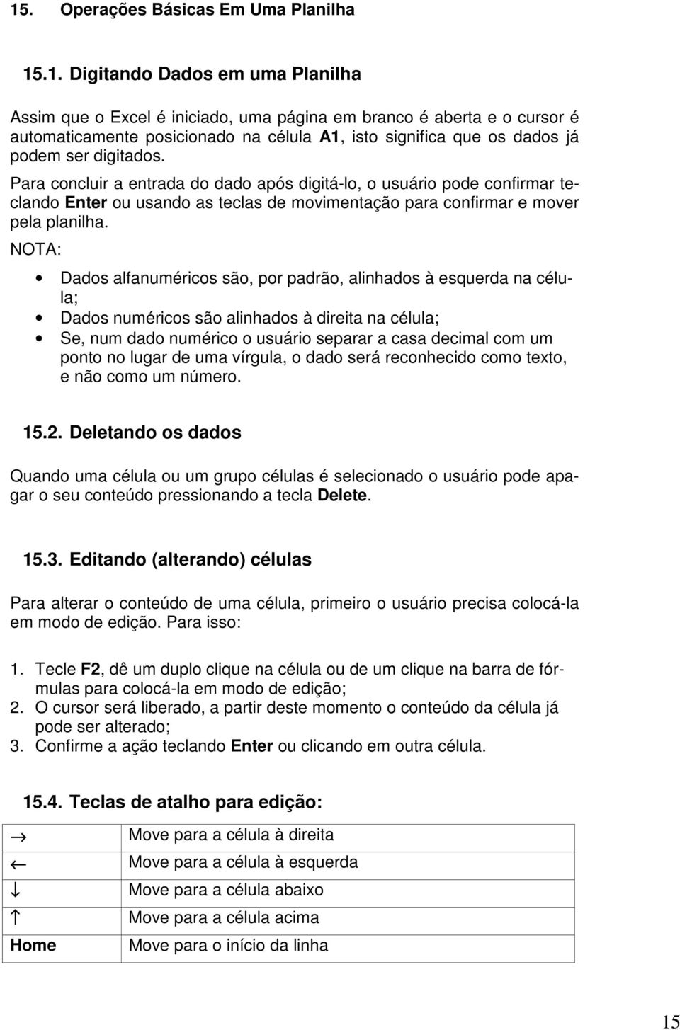 Para concluir a entrada do dado após digitá-lo, o usuário pode confirmar teclando Enter ou usando as teclas de movimentação para confirmar e mover pela planilha.