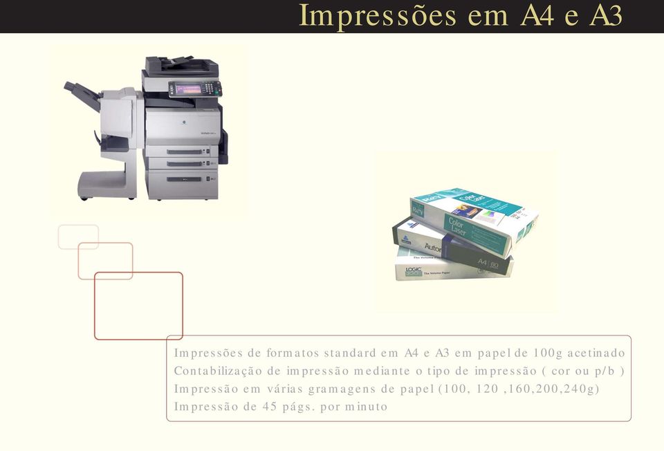 o tipo de impressão ( cor ou p/b ) Impressão em várias gramagens