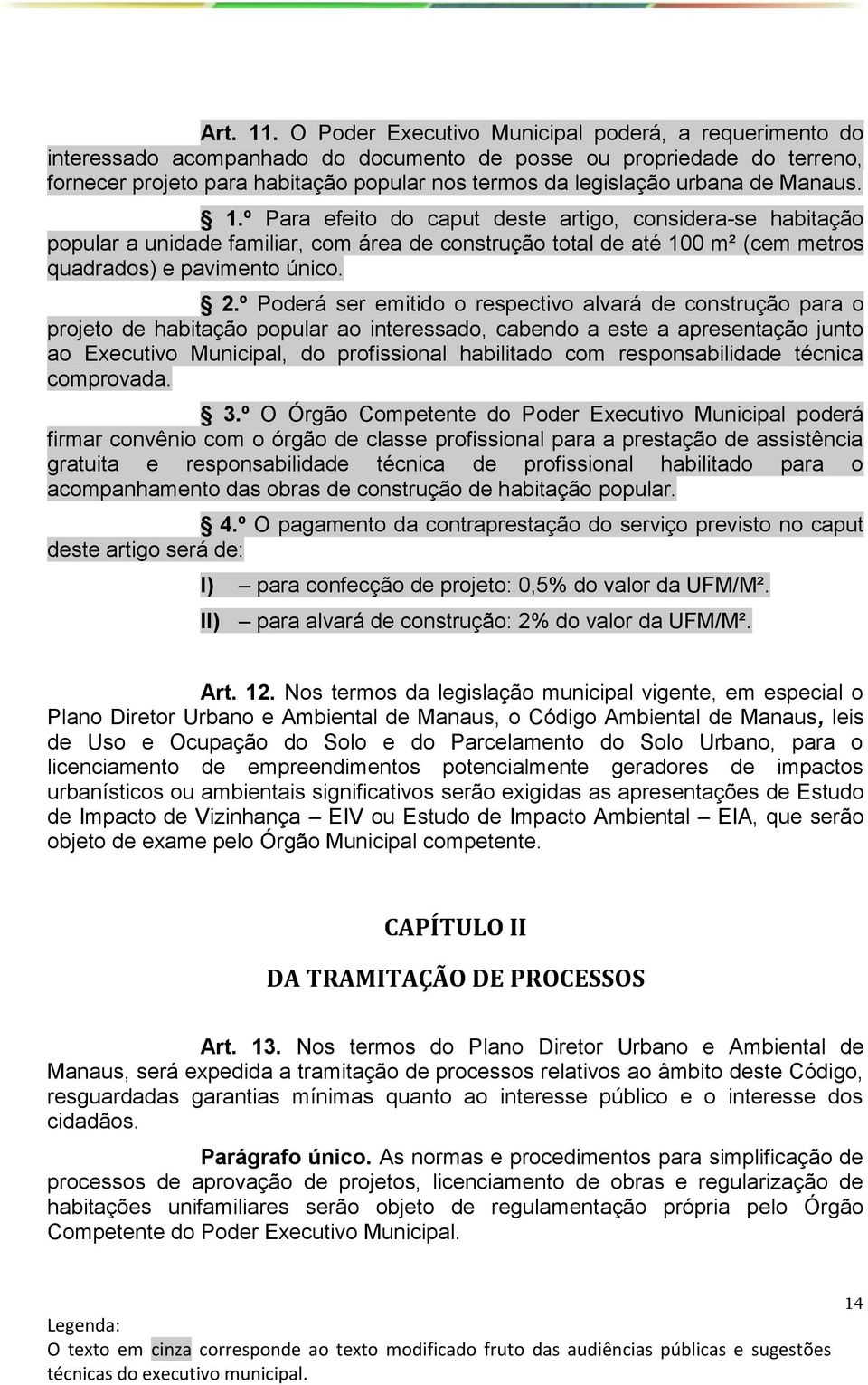 de Manaus. 1.º Para efeito do caput deste artigo, considera-se habitação popular a unidade familiar, com área de construção total de até 100 m² (cem metros quadrados) e pavimento único. 2.