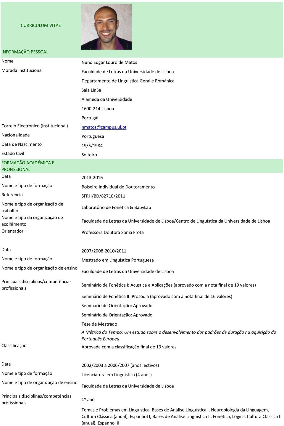 pt Portuguesa de Nascimento 19/5/1984 Estado Civil FORMAÇÃO ACADÉMICA E PROFISSIONAL Referência Nome e tipo de organização de trabalho Nome e tipo da organização de acolhimento Orientador Solteiro