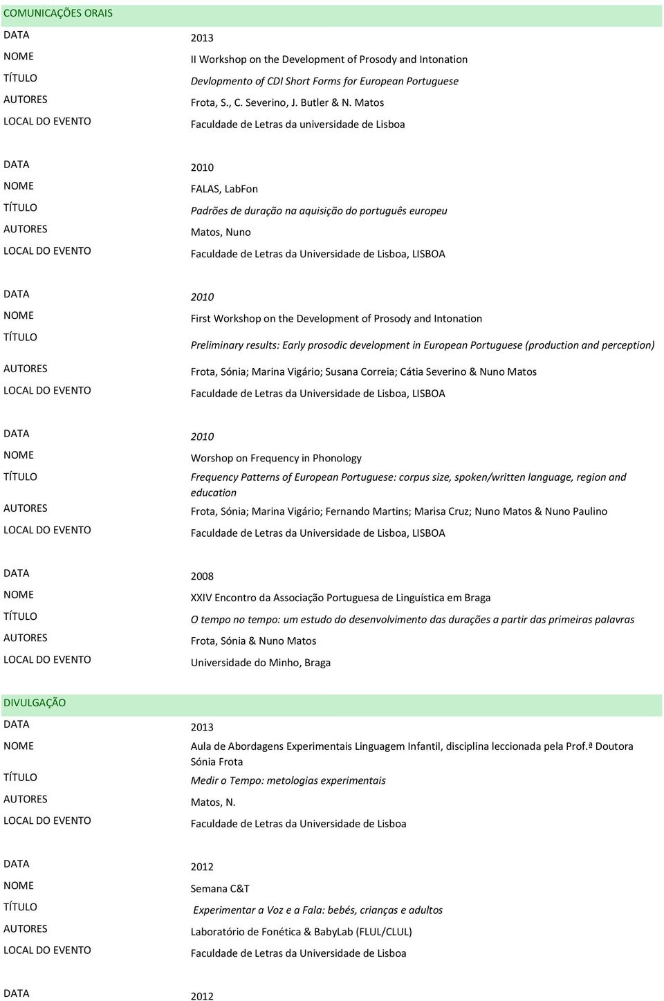 Intonation Preliminary results: Early prosodic development in European Portuguese (production and perception) Frota, Sónia; Marina Vigário; Susana Correia; Cátia Severino & Nuno Matos, LISBOA 2010