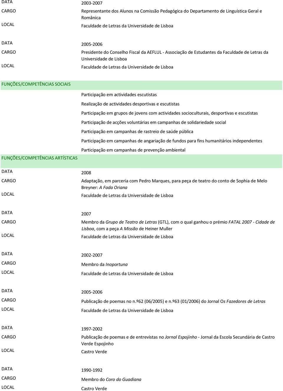 actividades socioculturais, desportivas e escutistas Participação de acções voluntárias em campanhas de solidariedade social Participação em campanhas de rastreio de saúde pública Participação em