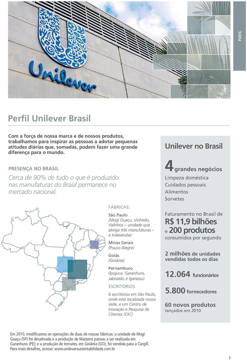 Unilever no Brasil 4 grandes negócios Limpeza doméstica Cuidados pessoais Alimentos Sorvetes FÁBRICAS: São Paulo (Mogi Guaçu, Vinhedo, Valinhos unidade que abriga três manufaturas e Indaiatuba) Minas