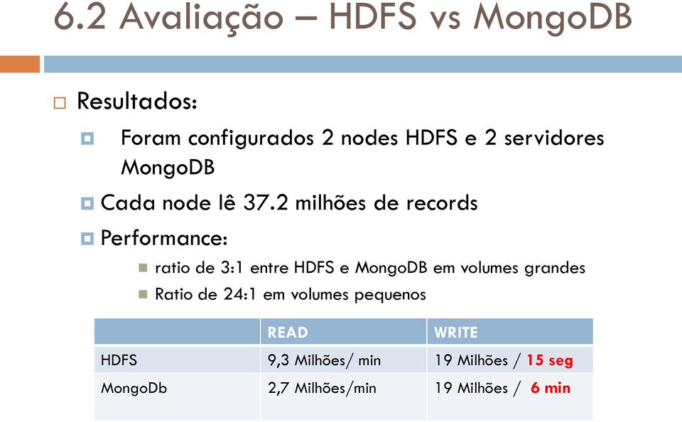 2 milhões de records Performance: ratio de 3:1 entre HDFS e MongoDB em volumes