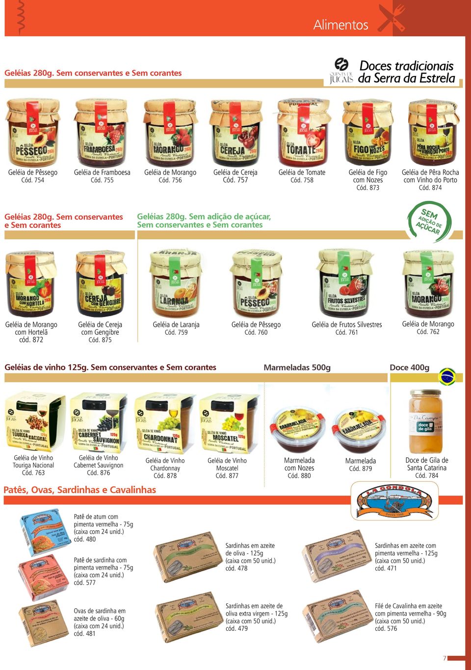 Sem adição de açúcar, Sem conservantes e Sem corantes Geléia de Morango com Hortelã cód. 872 Geléia de Cereja com Gengibre Cód. 875 Geléia de Laranja Cód. 759 Geléia de Pêssego Cód.