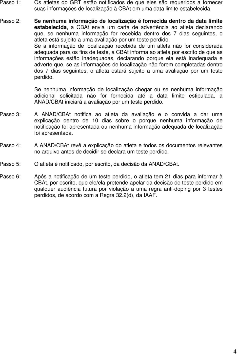 dias seguintes, o atleta está sujeito a uma avaliação por um teste perdido.