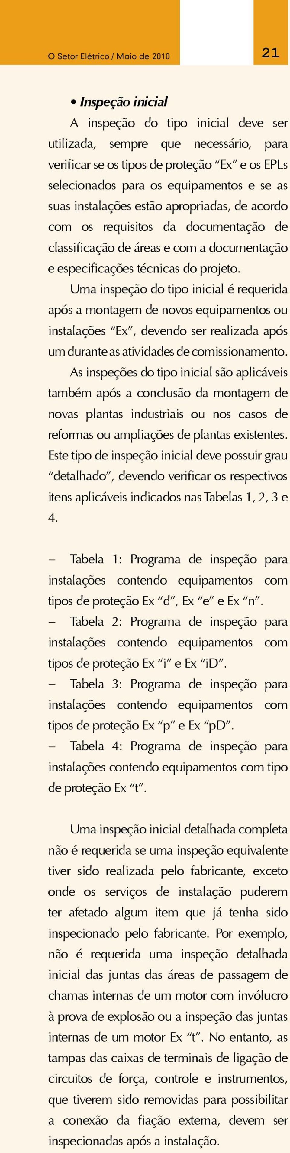 Uma inspeção do tipo inicial é requerida após a montagem de novos equipamentos ou instalações Ex, devendo ser realizada após um durante as atividades de comissionamento.