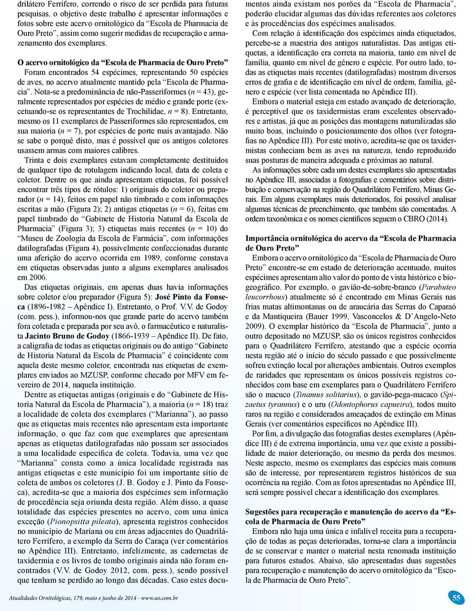 O acervo ornitológico da Escola de Pharmacia de Ouro Preto Foram encontrados 54 espécimes, representando 50 espécies de aves, no acervo atualmente mantido pela Escola de Pharmacia.