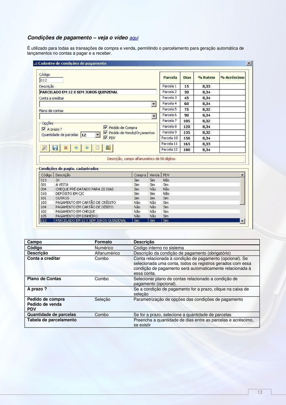 pagamento (opcional). Se selecionada uma conta, todos os registros gerados com essa condição de pagamento será automaticamente relacionada à essa conta.