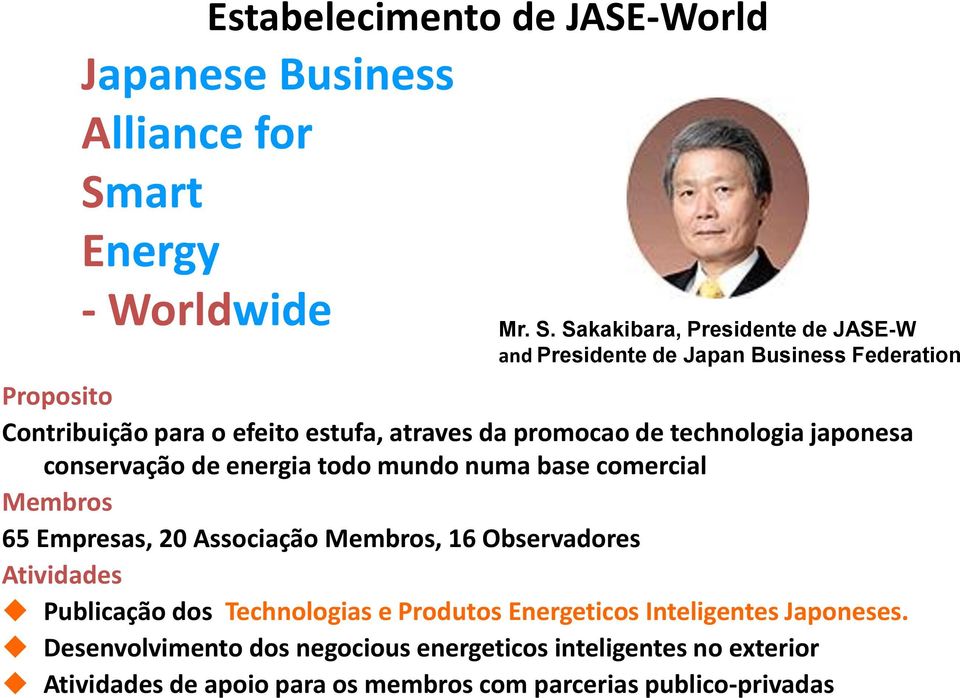 Sakakibara, Presidente de JASE-W and Presidente de Japan Business Federation Proposito Contribuição para o efeito estufa, atraves da promocao de