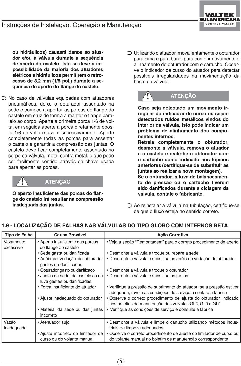 No caso de válvulas equipadas com atuadores pneumáticos, deixe o obturador assentado na sede e comece a apertar as porcas do flange do castelo em cruz de forma a manter o flange paralelo ao corpo.