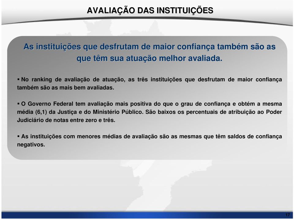 O Governo Federal tem avaliação mais positiva do que o grau de confiança e obtém a mesma média (,) da Justiça e do Ministério Público.