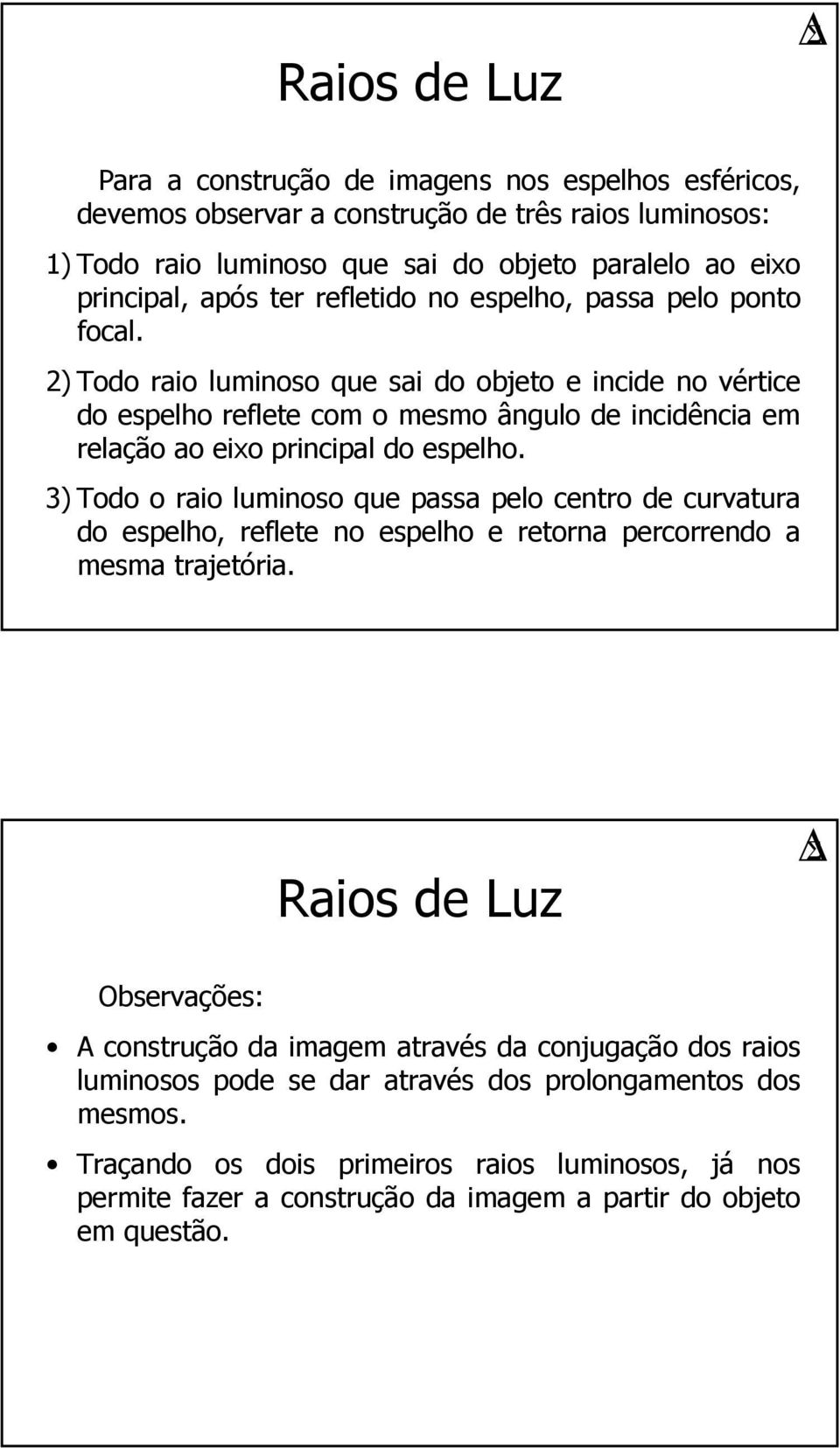 2) Todo raio luminoso que sai do objeto e incide no vértice do espelho reflete com o mesmo ângulo de incidência em relação ao eixo principal do espelho.