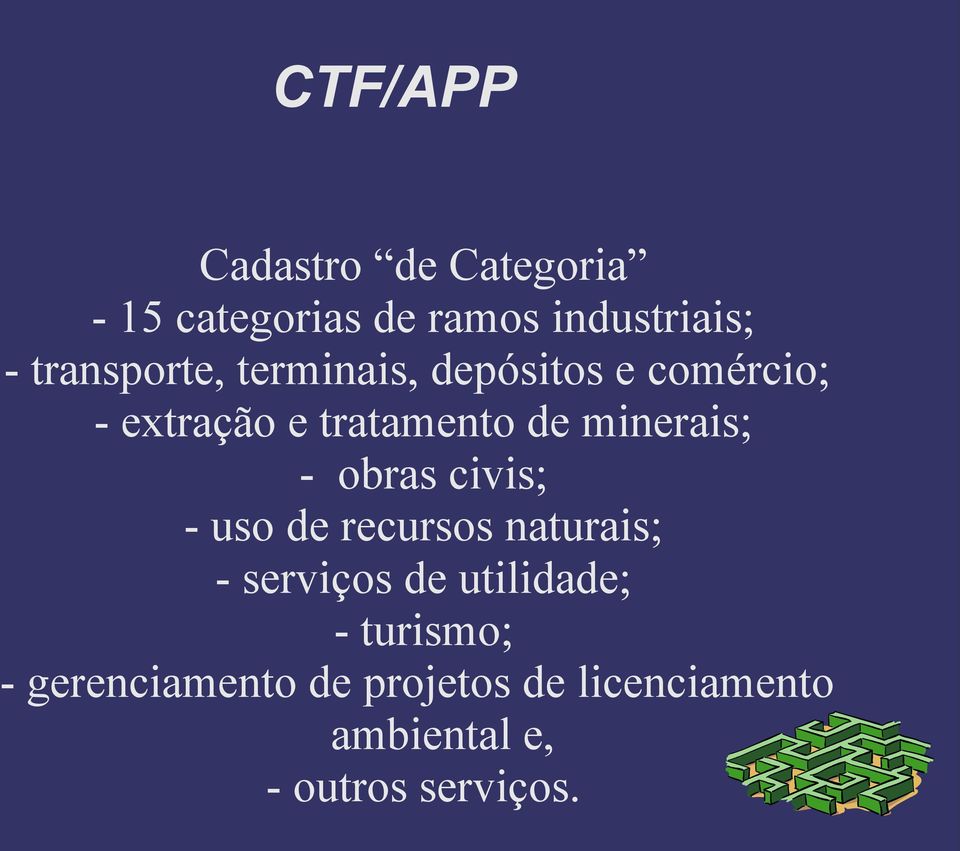 minerais; - obras civis; - uso de recursos naturais; - serviços de