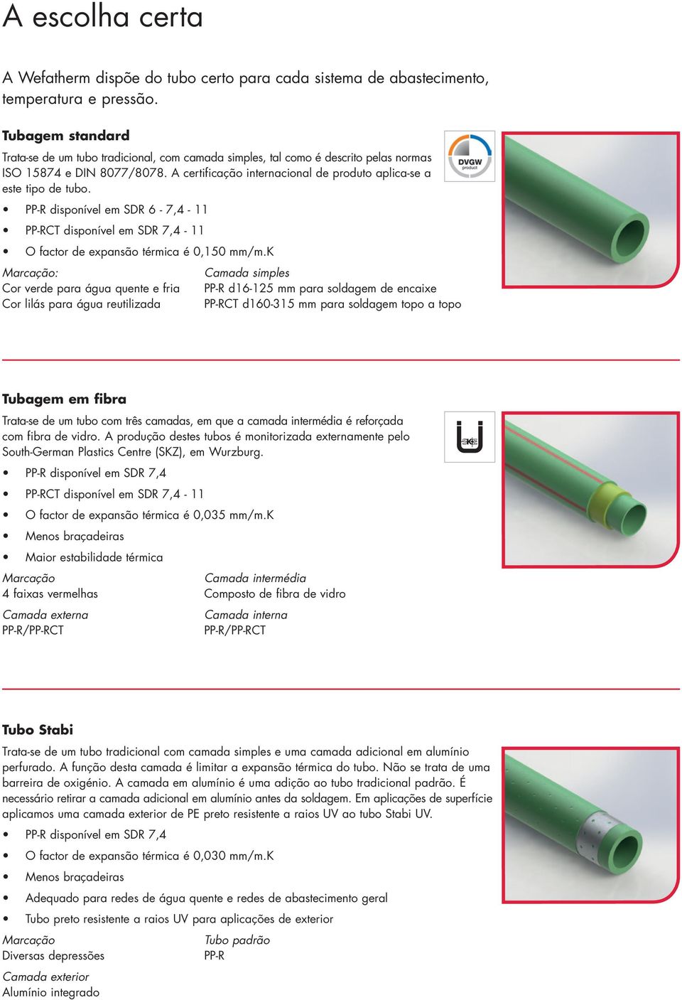 PP-R isponível em SDR 6-7,4-11 PP-RCT isponível em SDR 7,4-11 O factor e expansão térmica é 0,150 mm/m.