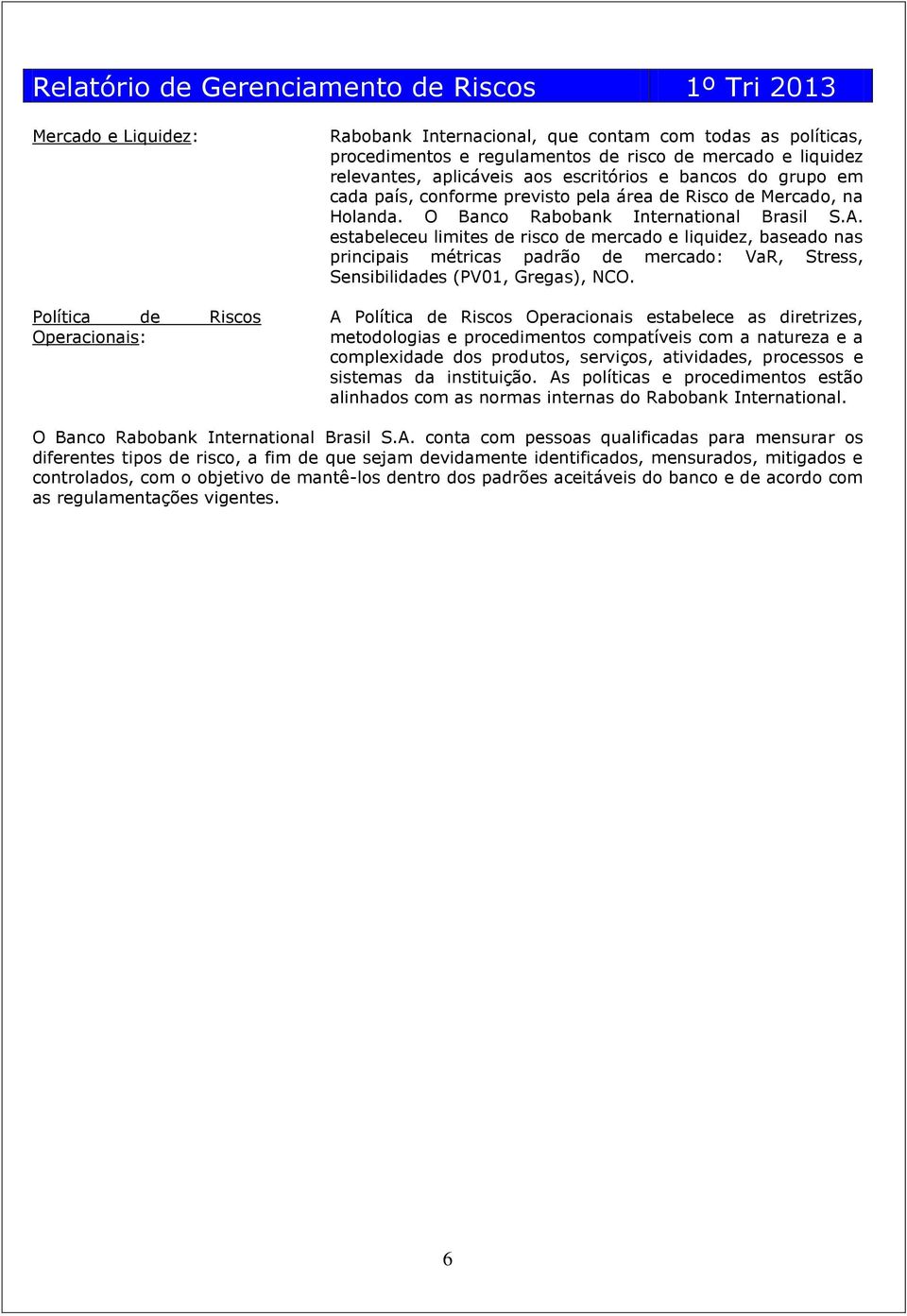 estabeleceu limites de risco de mercado e liquidez, baseado nas principais métricas padrão de mercado: VaR, Stress, Sensibilidades (PV01, Gregas), NCO.