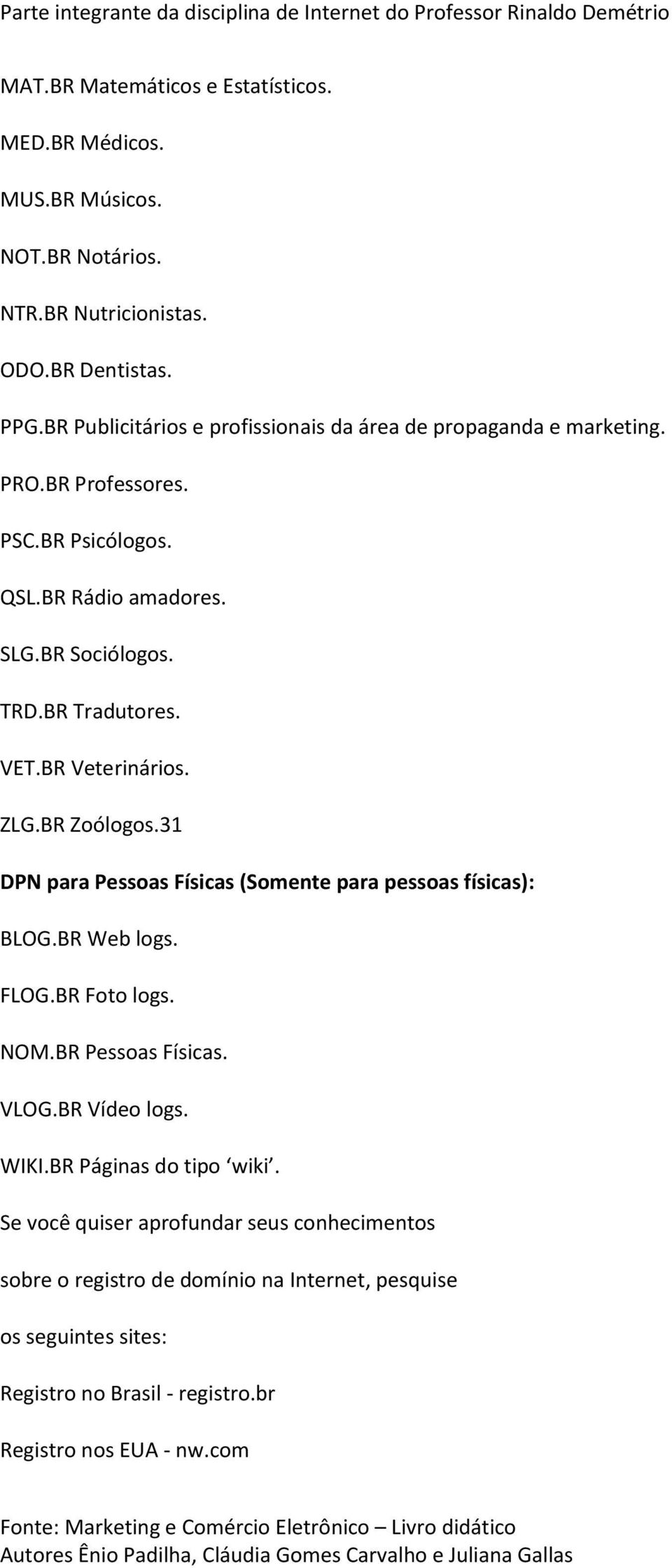 VET.BR Veterinários. ZLG.BR Zoólogos.31 DPN para Pessoas Físicas (Somente para pessoas físicas): BLOG.BR Web logs. FLOG.BR Foto logs. NOM.BR Pessoas Físicas. VLOG.