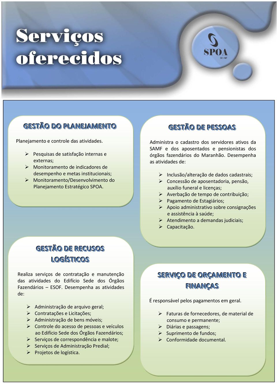 GESTÃO DE PESSOAS Administra o cadastro dos servidores ativos da SAMF e dos aposentados e pensionistas dos órgãos fazendários do Maranhão.