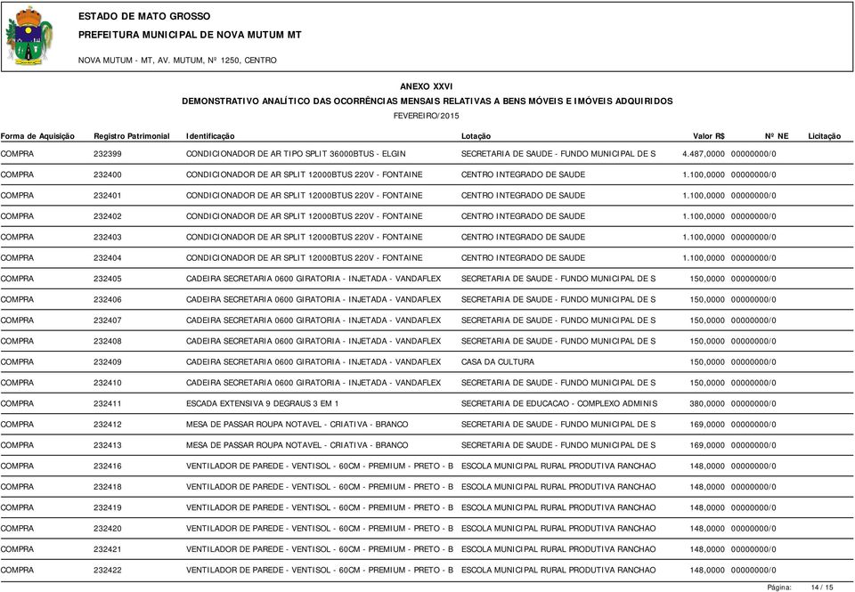 100,0000 00000000/0 COMPRA 232401 CONDICIONADOR DE AR SPLIT 12000BTUS 220V - FONTAINE CENTRO INTEGRADO DE SAUDE 1.