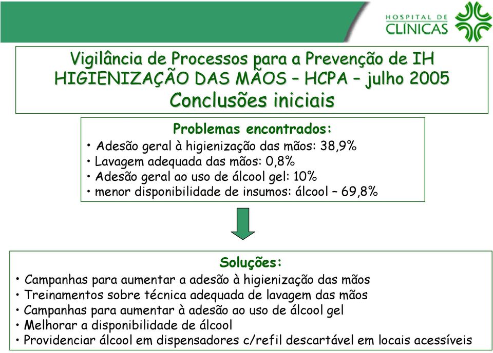 69,8% Soluções: Campanhas para aumentar a adesão à higienização das mãos Treinamentos sobre técnica adequada de lavagem das mãos Campanhas para