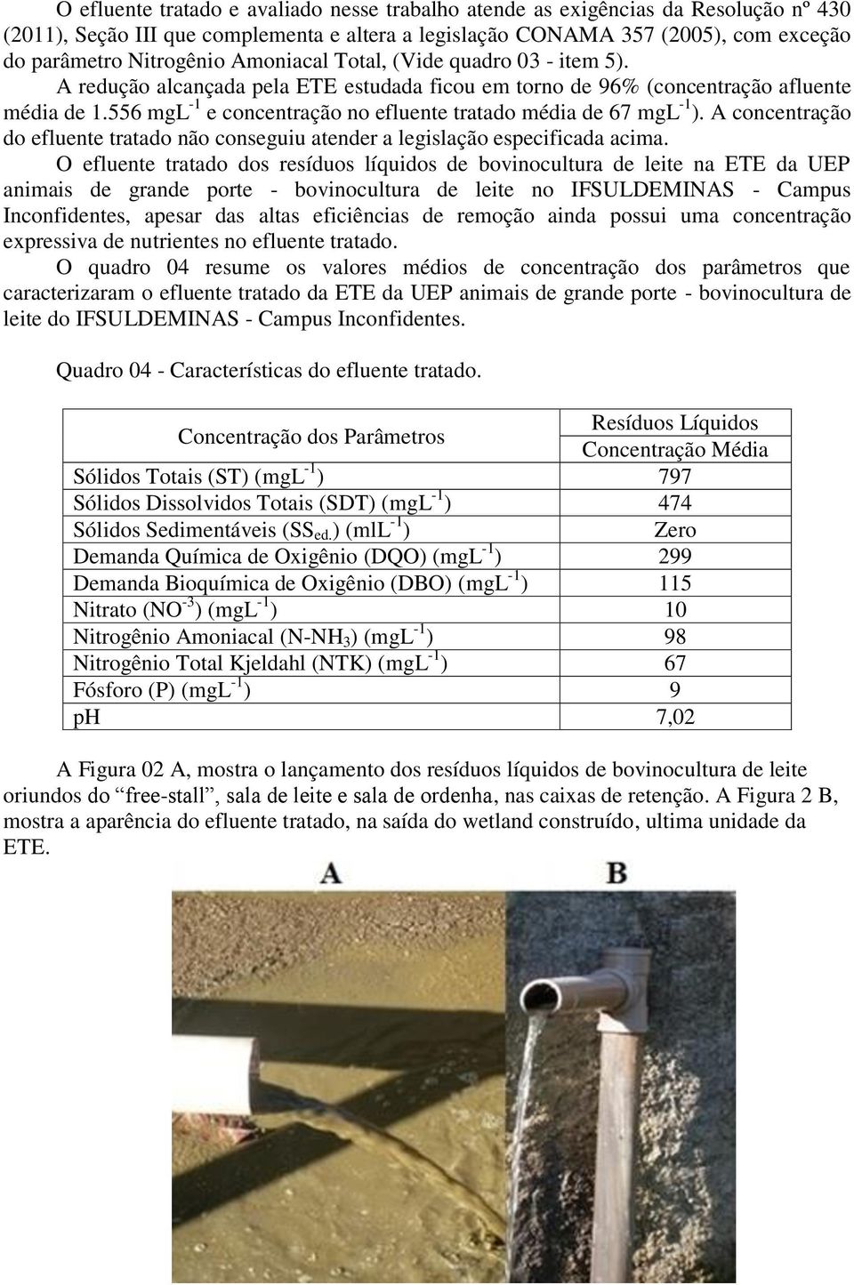 556 mgl -1 e concentração no efluente tratado média de 67 mgl -1 ). A concentração do efluente tratado não conseguiu atender a legislação especificada acima.