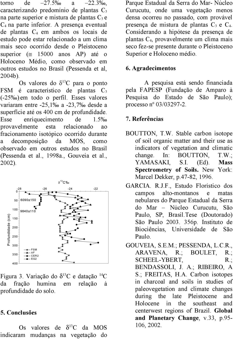 outros estudos no Brasil (Pessenda et al, 4b). Os valores do δ 13 C para o ponto é característico de plantas C 3 (-25 ). em todo o perfil.