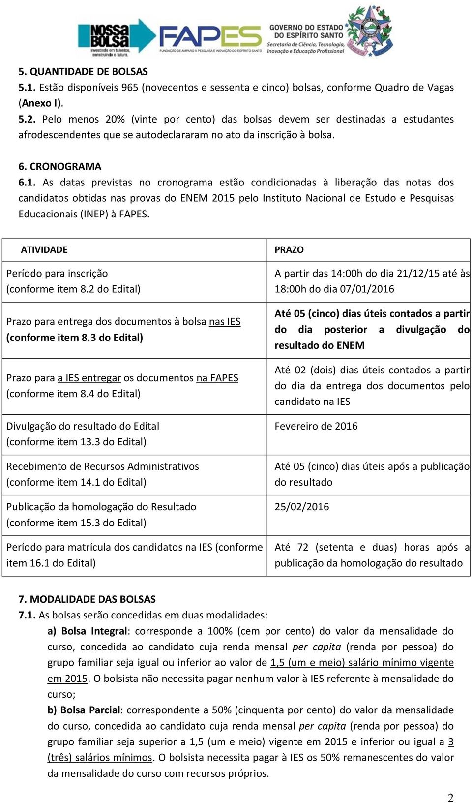 As datas previstas no cronograma estão condicionadas à liberação das notas dos candidatos obtidas nas provas do ENEM 2015 pelo Instituto Nacional de Estudo e Pesquisas Educacionais (INEP) à FAPES.