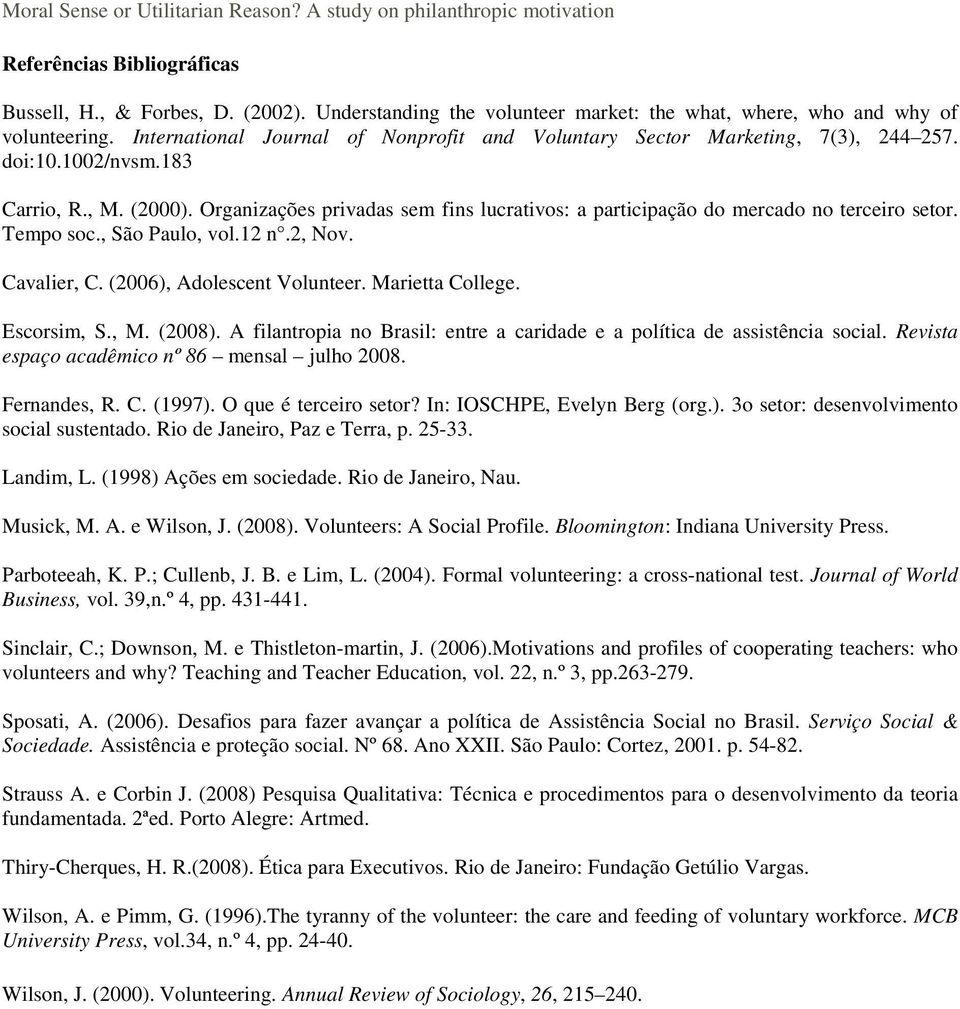 Organizações privadas sem fins lucrativos: a participação do mercado no terceiro setor. Tempo soc., São Paulo, vol.12 n.2, Nov. Cavalier, C. (2006), Adolescent Volunteer. Marietta College.