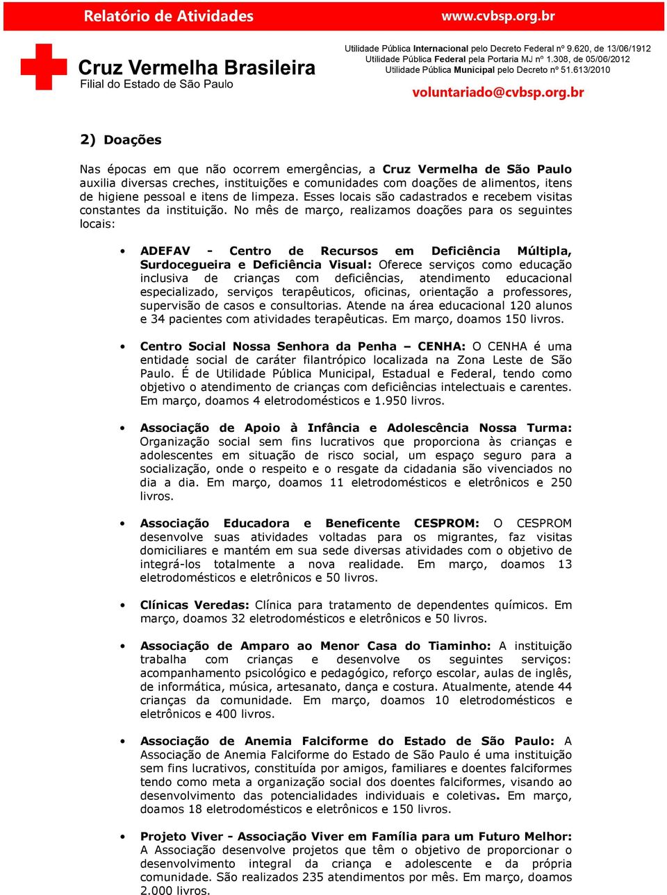 No mês de março, realizamos doações para os seguintes locais: ADEFAV - Centro de Recursos em Deficiência Múltipla, Surdocegueira e Deficiência Visual: Oferece serviços como educação inclusiva de