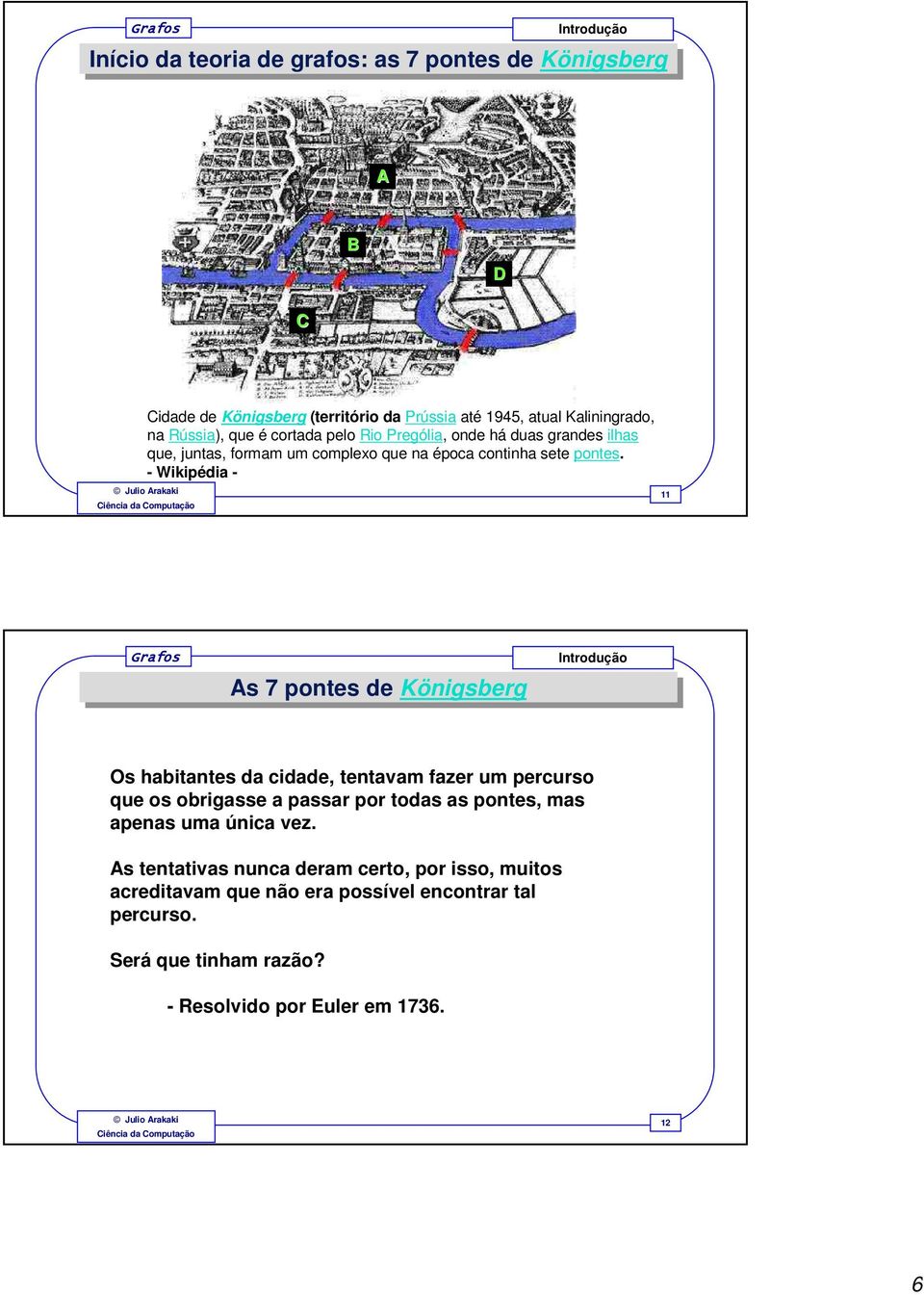 - Wikipédia - 11 As 7 pontes de de Königsberg Os habitantes da cidade, tentavam fazer um percurso que os obrigasse a passar por todas as pontes, mas apenas