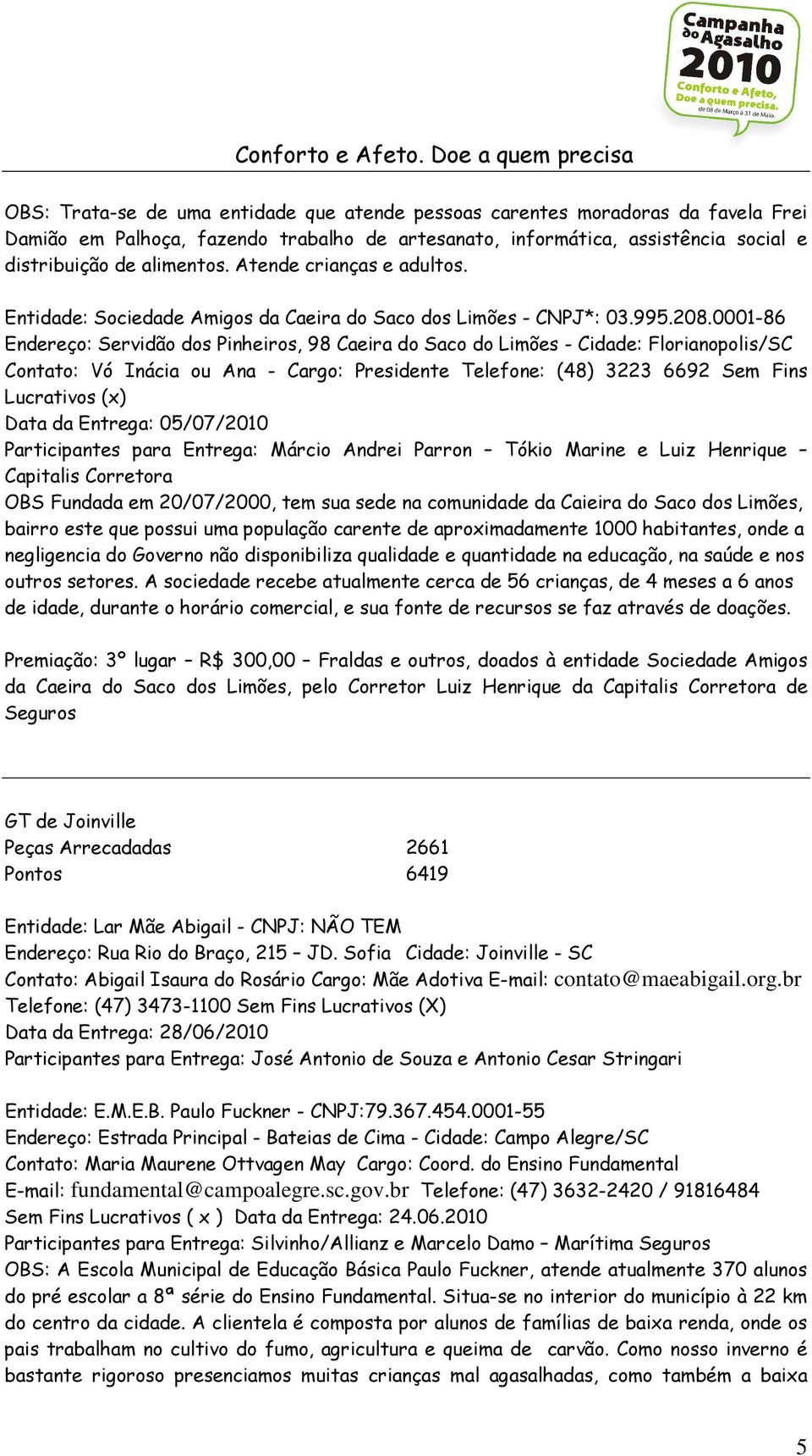 0001-86 Endereço: Servidão dos Pinheiros, 98 Caeira do Saco do Limões - Cidade: Florianopolis/SC Contato: Vó Inácia ou Ana - Cargo: Presidente Telefone: (48) 3223 6692 Sem Fins Lucrativos (x) Data da