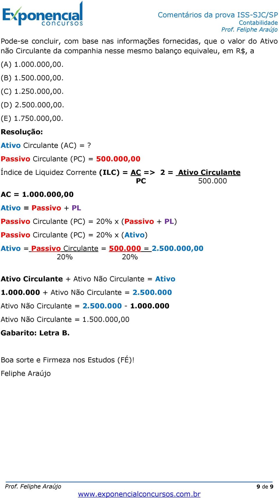 000 = 2.500.000,00 20% 20% Ativo Circulante + Ativo Não Circulante = Ativo 1.000.000 + Ativo Não Circulante = 2.500.000 Ativo Não Circulante = 2.500.000-1.000.000 Ativo Não Circulante = 1.500.000,00 Gabarito: Letra B.