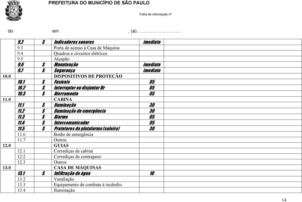 2 S Iluminação de emergência 30 11.3 S Alarme 05 11.4 S Intercomunicador 05 11.5 S Protetores da plataforma (soleira) 30 11.6 Botão de emergência 11.7 Outros 12.