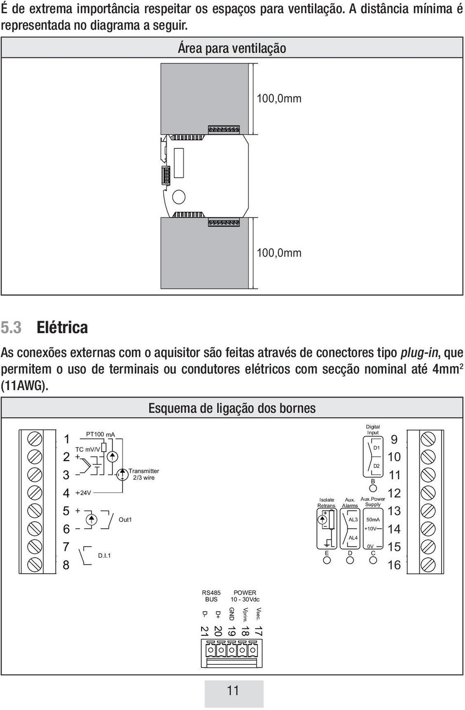 3 Elétrica As conexões externas com o aquisitor são feitas através de conectores tipo plug-in, que permitem o uso de terminais ou condutores elétricos com