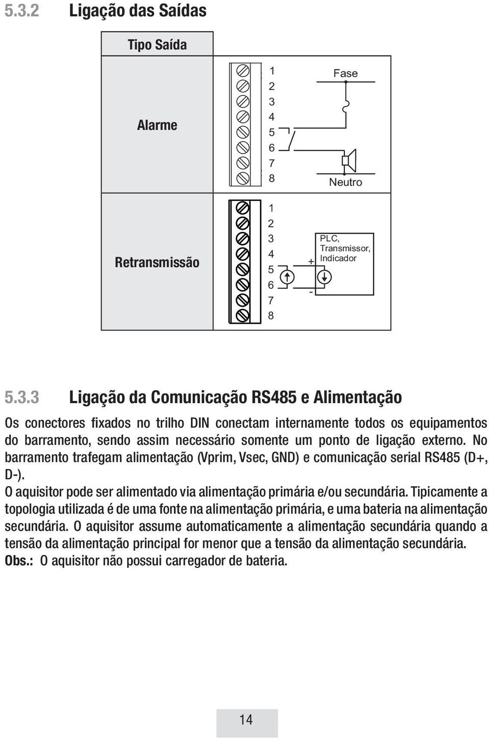 No barramento trafegam alimentação (Vprim, Vsec, GND) e comunicação serial RS485 (D+, D-). O aquisitor pode ser alimentado via alimentação primária e/ou secundária.