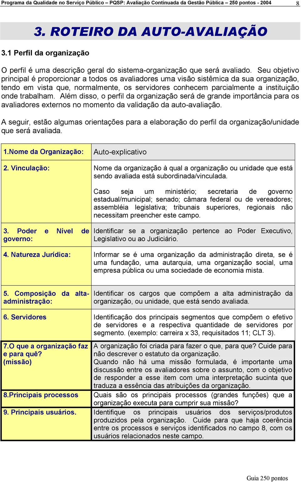 Seu objetivo principal é proporcionar a todos os avaliadores uma visão sistêmica da sua organização, tendo em vista que, normalmente, os servidores conhecem parcialmente a instituição onde trabalham.