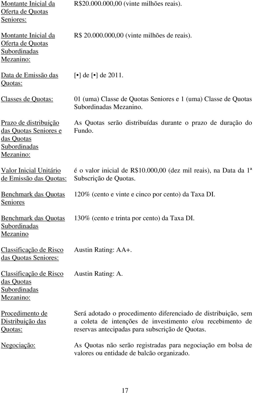 Classificação de Risco das Quotas Subordinadas Mezanino: Procedimento de Distribuição das Quotas: Negociação: R$20.000.000,00 (vinte milhões reais). R$ 20.000.000,00 (vinte milhões de reais).
